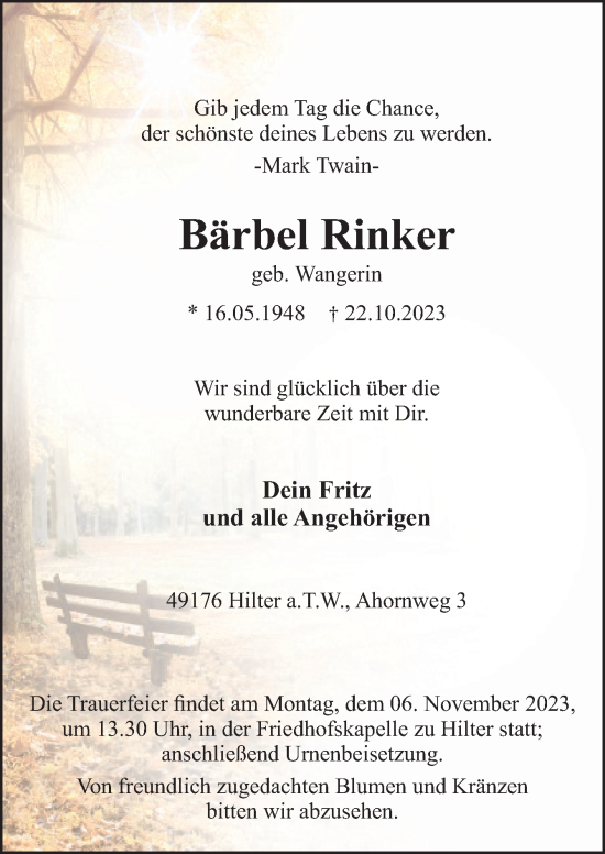 Traueranzeige von Bärbel Rinker von Neue Osnabrücker Zeitung GmbH & Co. KG