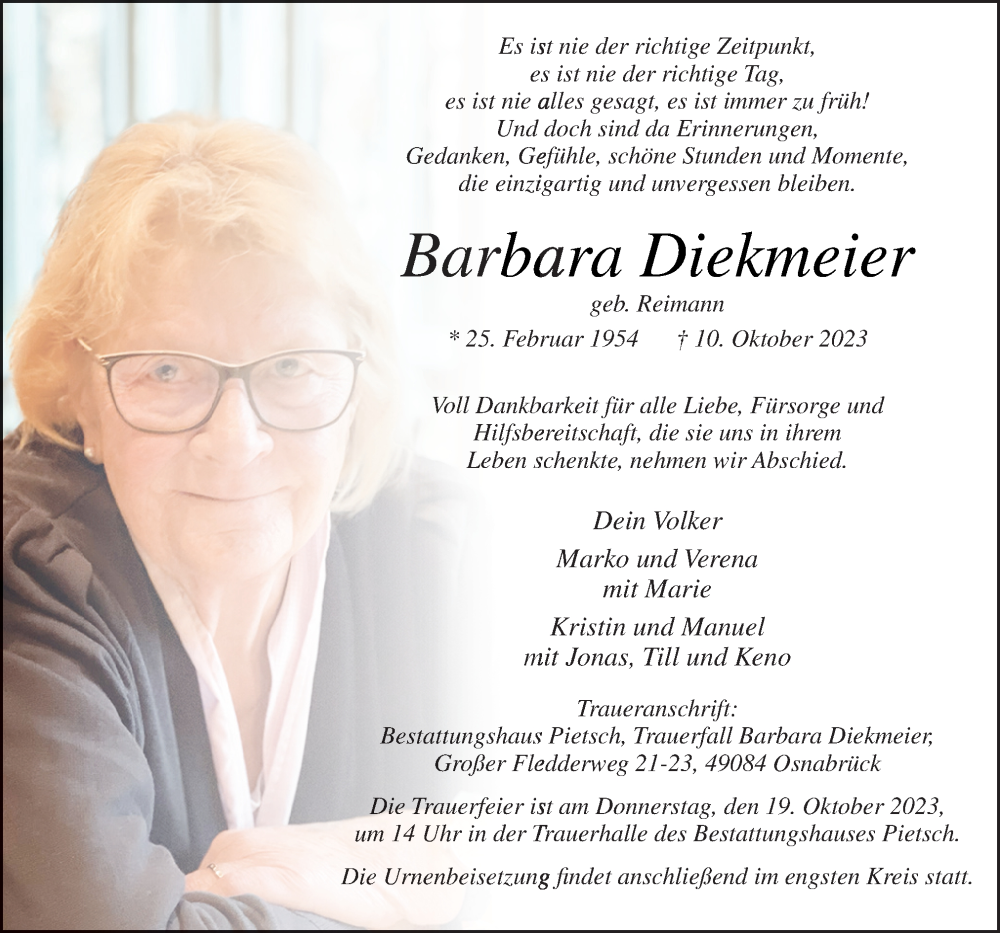  Traueranzeige für Barbara Diekmeier vom 14.10.2023 aus Neue Osnabrücker Zeitung GmbH & Co. KG