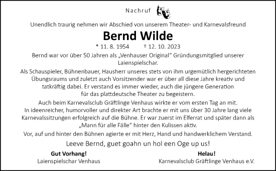 Traueranzeige von Bernd Wilde von Neue Osnabrücker Zeitung GmbH & Co. KG