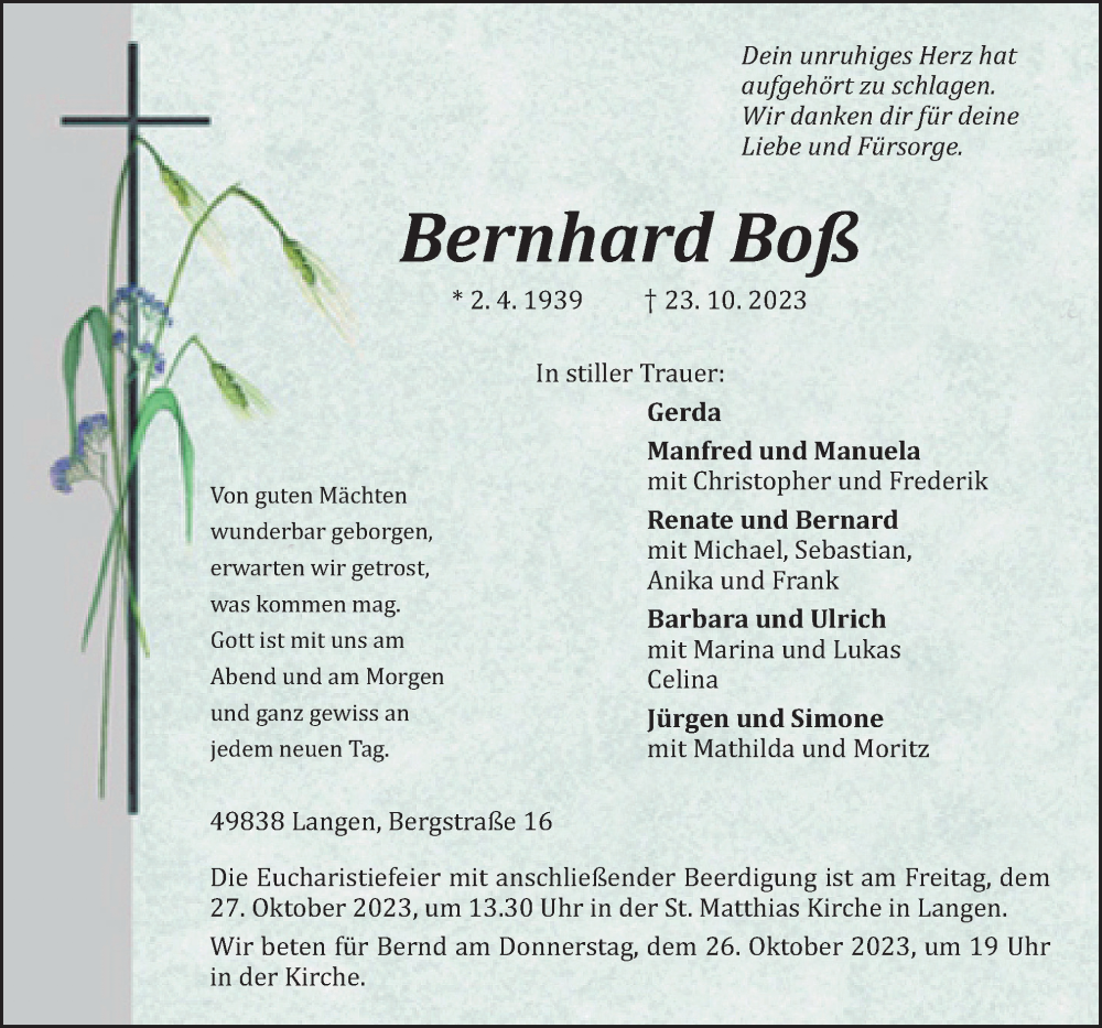  Traueranzeige für Bernhard Boß vom 25.10.2023 aus Neue Osnabrücker Zeitung GmbH & Co. KG