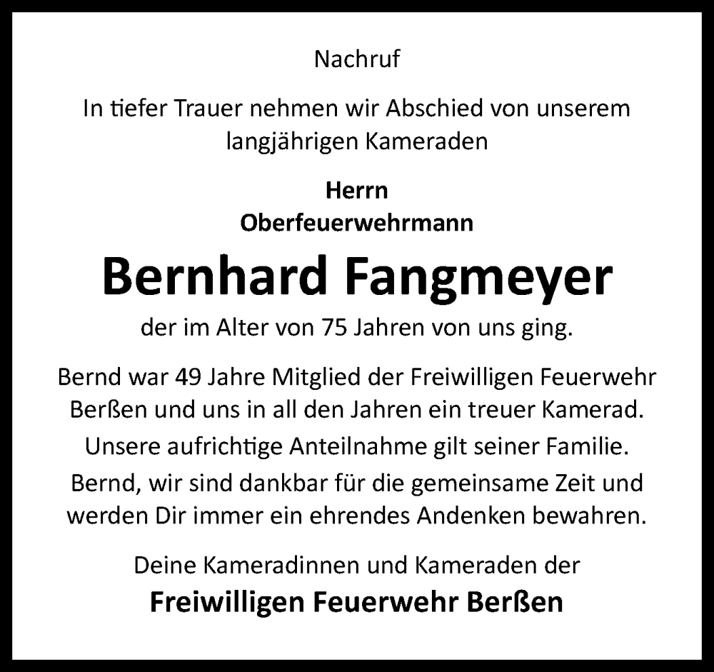  Traueranzeige für Bernhard Fangmeyer vom 04.10.2023 aus Neue Osnabrücker Zeitung GmbH & Co. KG