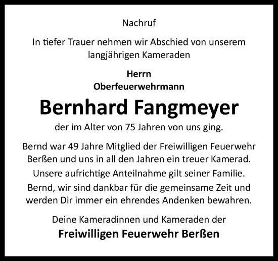 Traueranzeige von Bernhard Fangmeyer von Neue Osnabrücker Zeitung GmbH & Co. KG