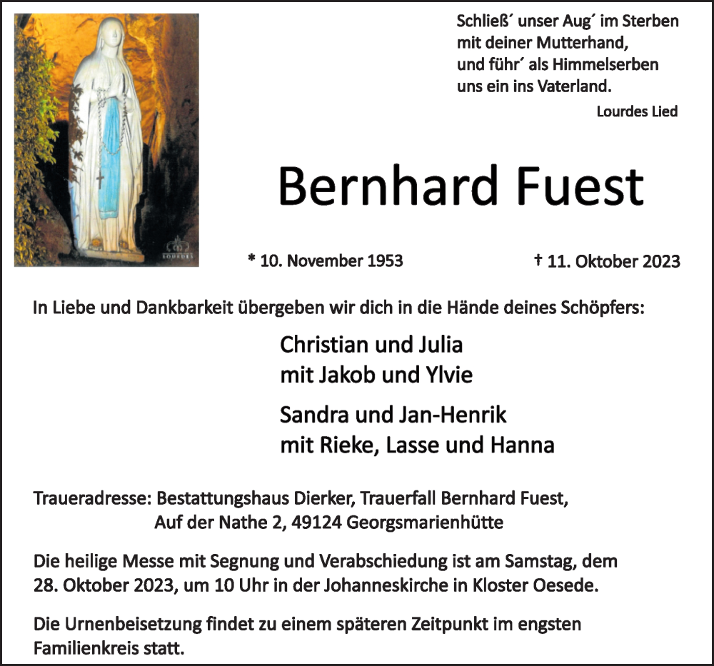  Traueranzeige für Bernhard Fuest vom 21.10.2023 aus Neue Osnabrücker Zeitung GmbH & Co. KG