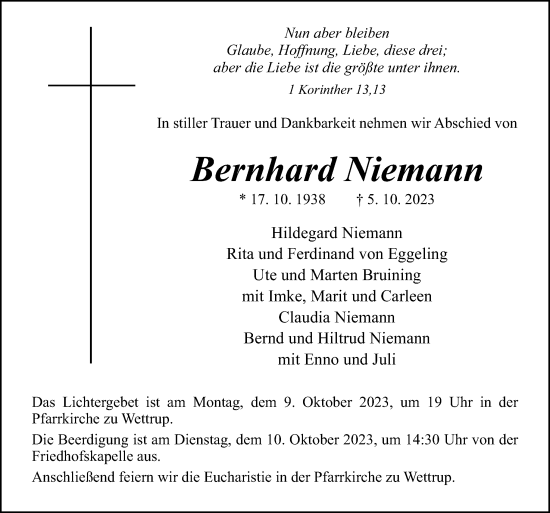 Traueranzeige von Bernhard Niemann von Neue Osnabrücker Zeitung GmbH & Co. KG