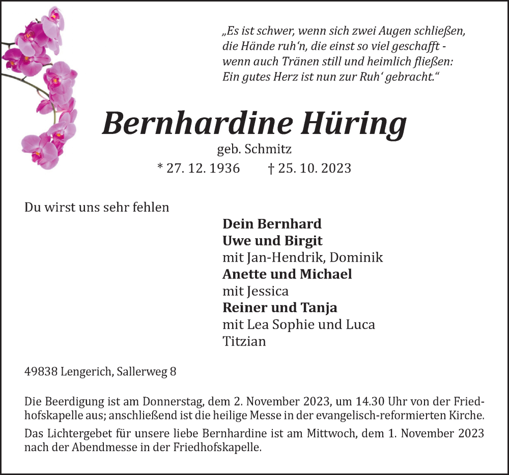  Traueranzeige für Bernhardine Hüring vom 28.10.2023 aus Neue Osnabrücker Zeitung GmbH & Co. KG