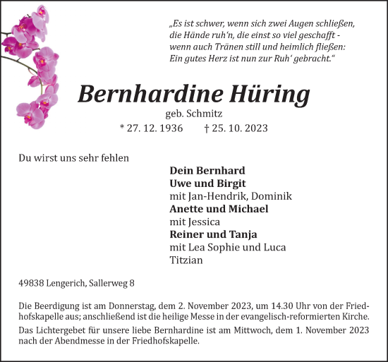 Traueranzeige von Bernhardine Hüring von Neue Osnabrücker Zeitung GmbH & Co. KG