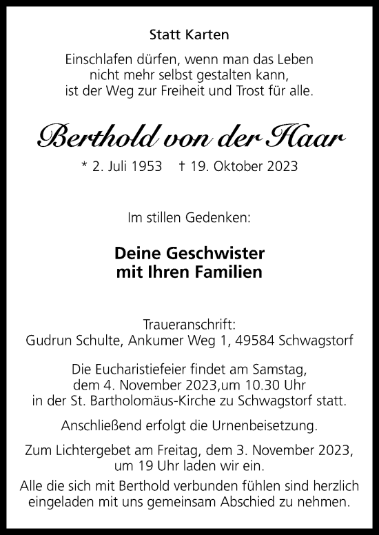 Traueranzeige von Berthold von der Haar von Neue Osnabrücker Zeitung GmbH & Co. KG