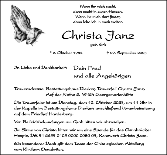 Traueranzeige von Christa Janz von Neue Osnabrücker Zeitung GmbH & Co. KG