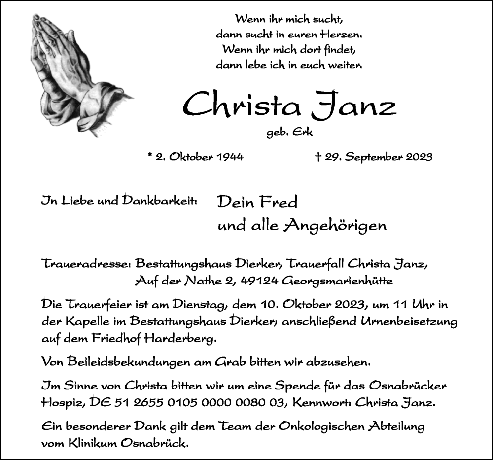  Traueranzeige für Christa Janz vom 07.10.2023 aus Neue Osnabrücker Zeitung GmbH & Co. KG