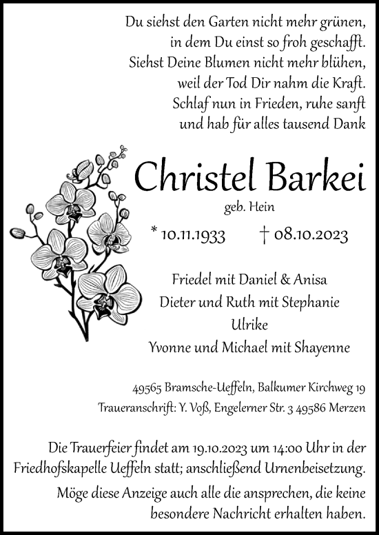 Traueranzeige von Christel Barkei von Neue Osnabrücker Zeitung GmbH & Co. KG