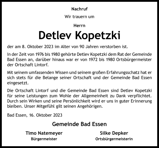 Traueranzeige von Detlev Kopetzki von Neue Osnabrücker Zeitung GmbH & Co. KG