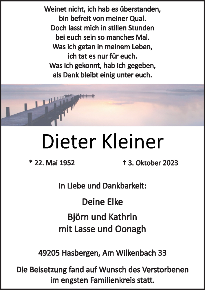 Traueranzeige für Dieter Kleiner vom 21.10.2023 aus Neue Osnabrücker Zeitung GmbH & Co. KG