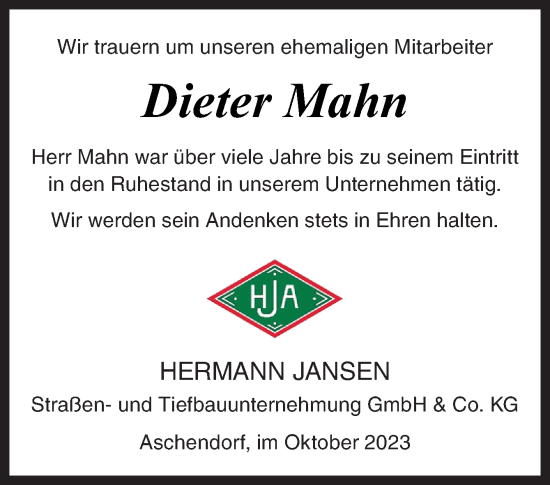 Traueranzeige von Dieter Mahn von Neue Osnabrücker Zeitung GmbH & Co. KG