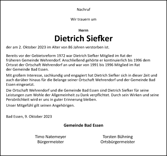 Traueranzeige von Dietrich Siefker von Neue Osnabrücker Zeitung GmbH & Co. KG