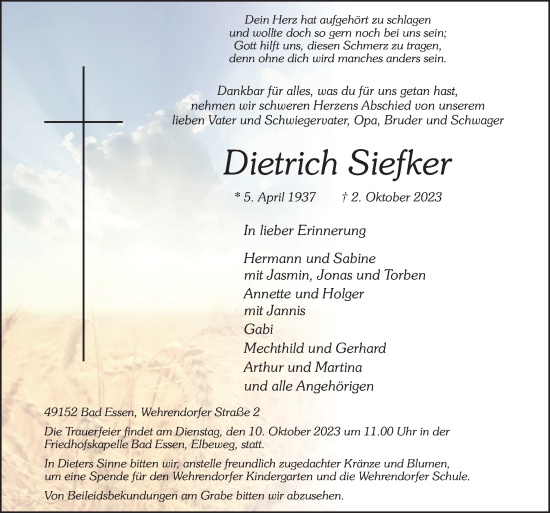 Traueranzeige von Dietrich Siefker von Neue Osnabrücker Zeitung GmbH & Co. KG