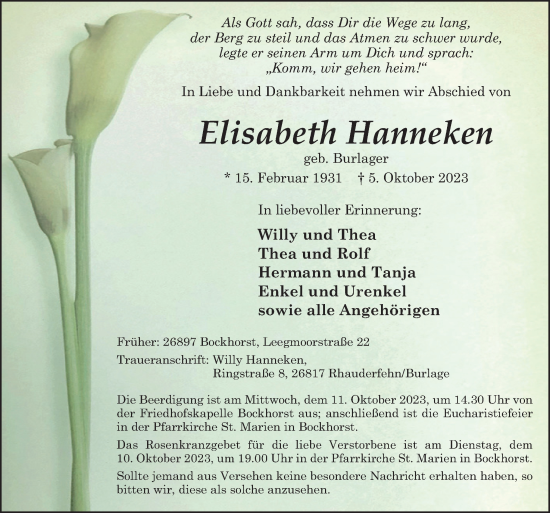 Traueranzeige von Elisabeth Hanneken von Neue Osnabrücker Zeitung GmbH & Co. KG