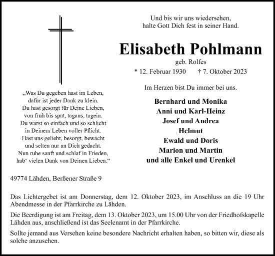 Traueranzeige von Elisabeth Pohlmann von Neue Osnabrücker Zeitung GmbH & Co. KG