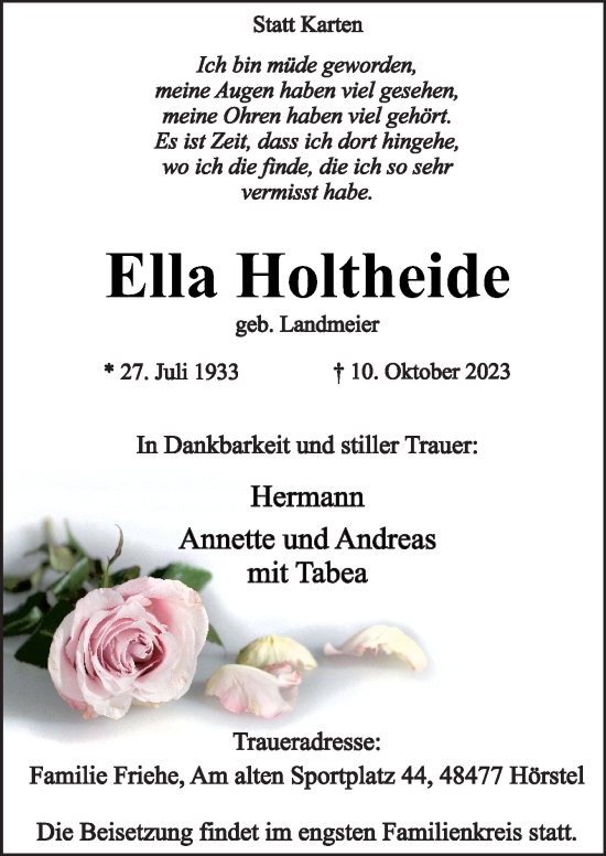 Traueranzeige von Ella Holtheide von Neue Osnabrücker Zeitung GmbH & Co. KG