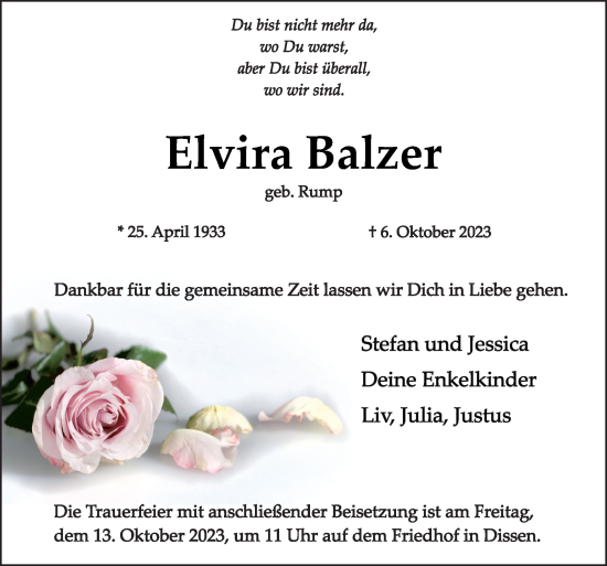 Traueranzeige von Elvira Balzer von Neue Osnabrücker Zeitung GmbH & Co. KG