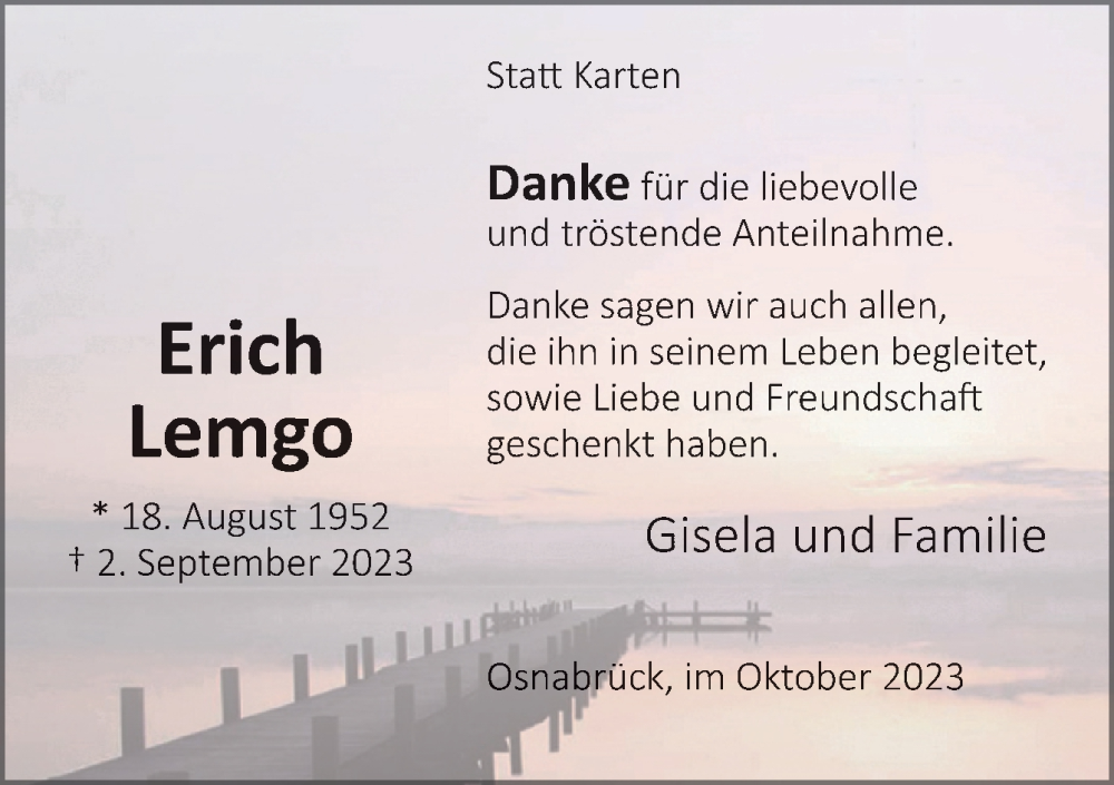  Traueranzeige für Erich Lemgo vom 21.10.2023 aus Neue Osnabrücker Zeitung GmbH & Co. KG