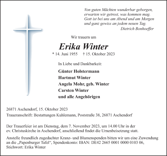 Traueranzeige von Erika Winter von Neue Osnabrücker Zeitung GmbH & Co. KG