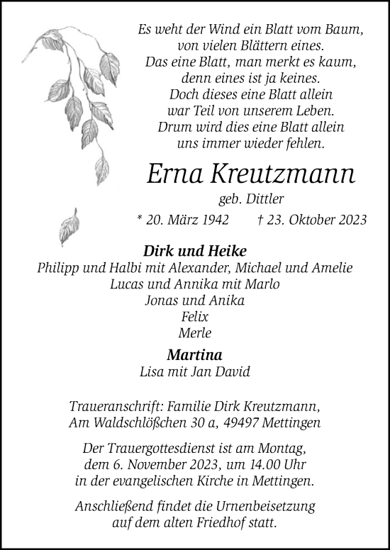 Traueranzeige von Erna Kreutzmann von Neue Osnabrücker Zeitung GmbH & Co. KG