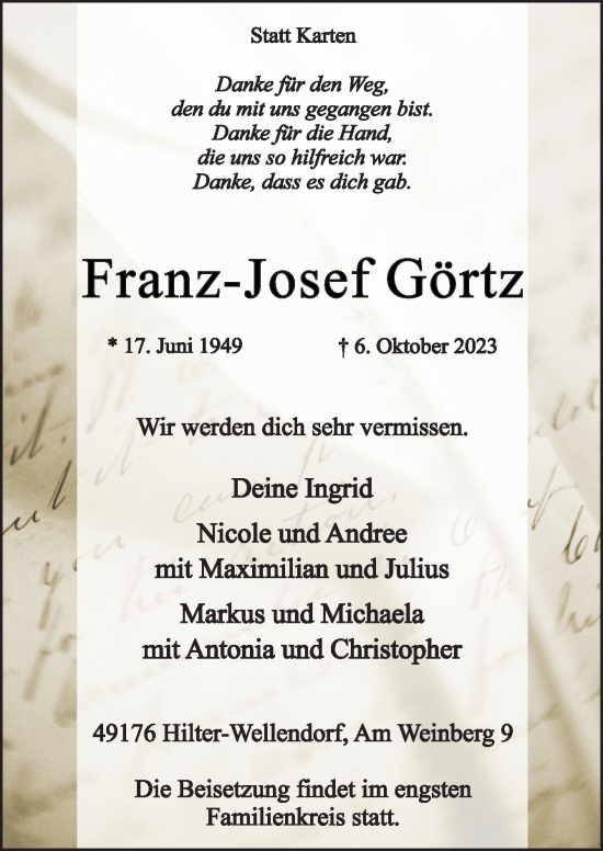 Traueranzeige von Franz-Josef Görtz von Neue Osnabrücker Zeitung GmbH & Co. KG