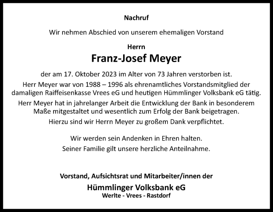 Traueranzeige von Franz-Josef Meyer von Neue Osnabrücker Zeitung GmbH & Co. KG