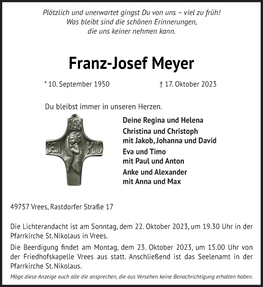  Traueranzeige für Franz-Josef Meyer vom 20.10.2023 aus Neue Osnabrücker Zeitung GmbH & Co. KG