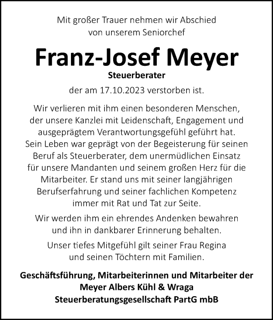 Traueranzeige von Franz-Josef Meyer von Neue Osnabrücker Zeitung GmbH & Co. KG