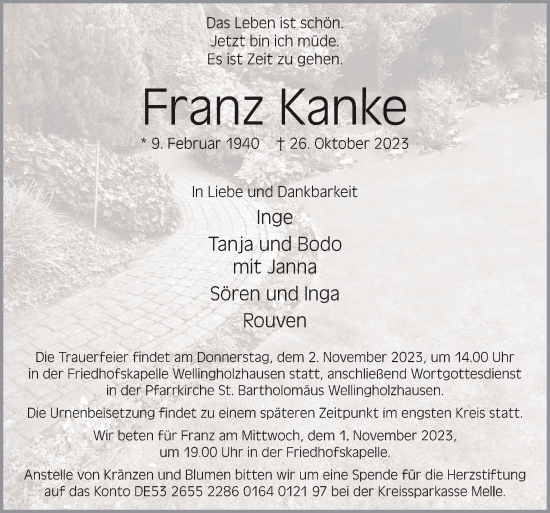 Traueranzeige von Franz Kanke von Neue Osnabrücker Zeitung GmbH & Co. KG