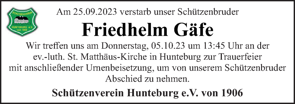  Traueranzeige für Friedhelm Gäfe vom 02.10.2023 aus Neue Osnabrücker Zeitung GmbH & Co. KG