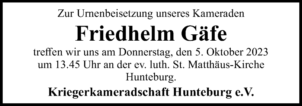  Traueranzeige für Friedhelm Gäfe vom 02.10.2023 aus Neue Osnabrücker Zeitung GmbH & Co. KG