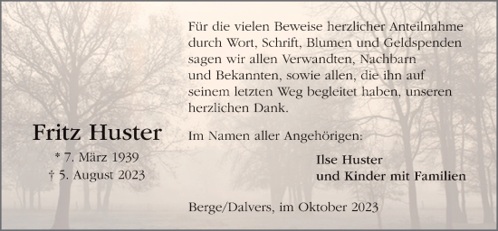 Traueranzeige von Fritz Huster von Neue Osnabrücker Zeitung GmbH & Co. KG