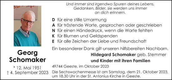 Traueranzeige von Georg Schomaker von Neue Osnabrücker Zeitung GmbH & Co. KG