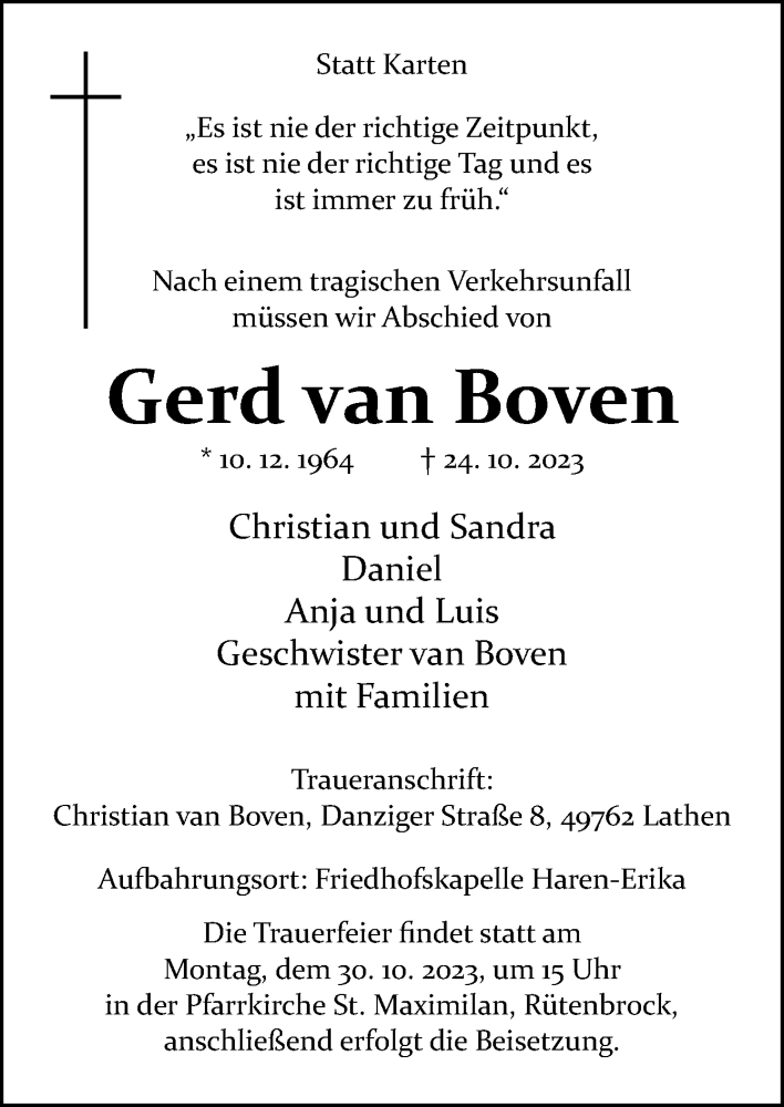  Traueranzeige für Gerd van Boven vom 27.10.2023 aus Neue Osnabrücker Zeitung GmbH & Co. KG