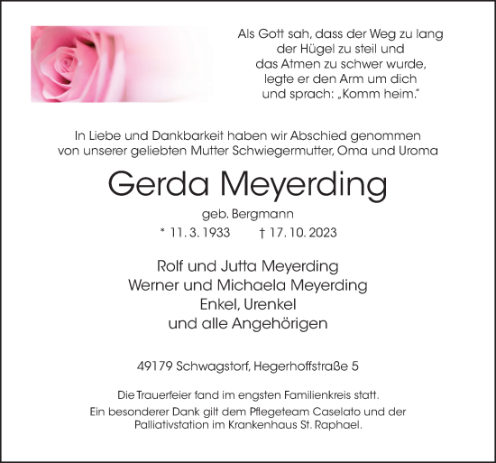 Traueranzeige von Gerda Meyerding von Neue Osnabrücker Zeitung GmbH & Co. KG