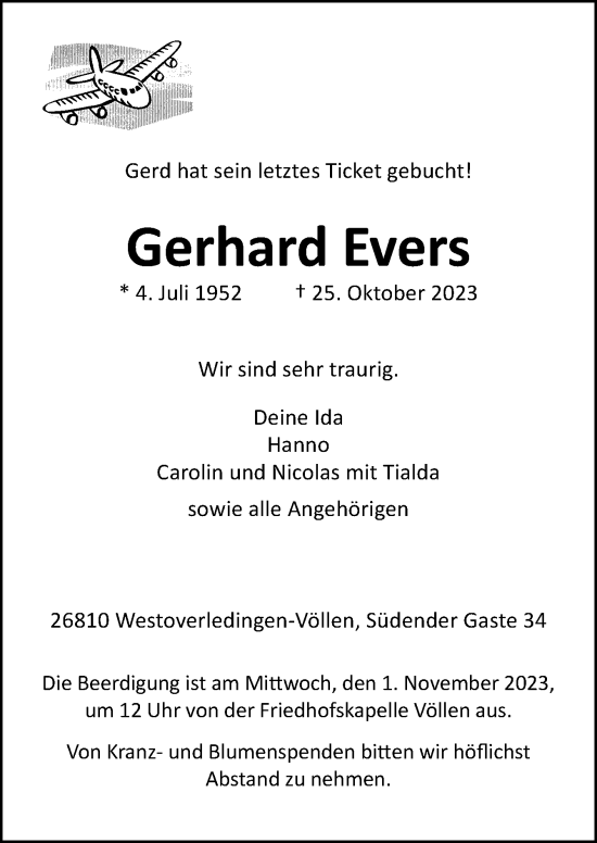 Traueranzeige von Gerhard Evers von Neue Osnabrücker Zeitung GmbH & Co. KG