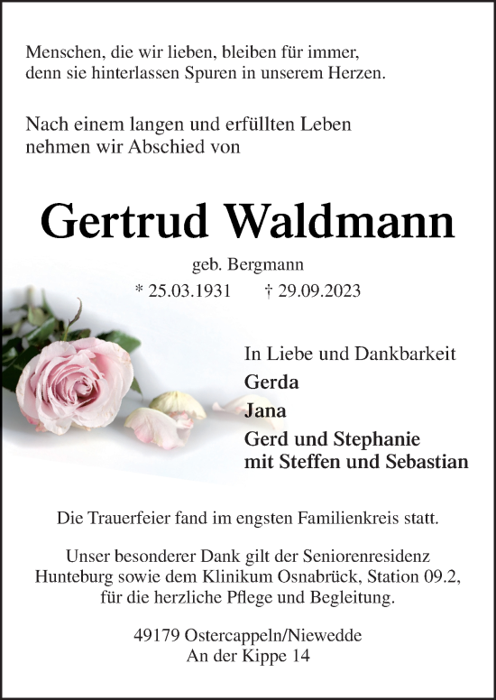 Traueranzeige von Gertrud Waldmann von Neue Osnabrücker Zeitung GmbH & Co. KG