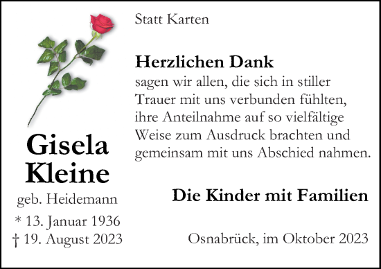 Traueranzeige von Gisela Kleine von Neue Osnabrücker Zeitung GmbH & Co. KG