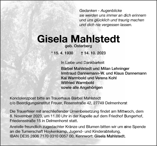 Traueranzeige von Gisela Mahlstedt von DK Medien GmbH & Co. KG