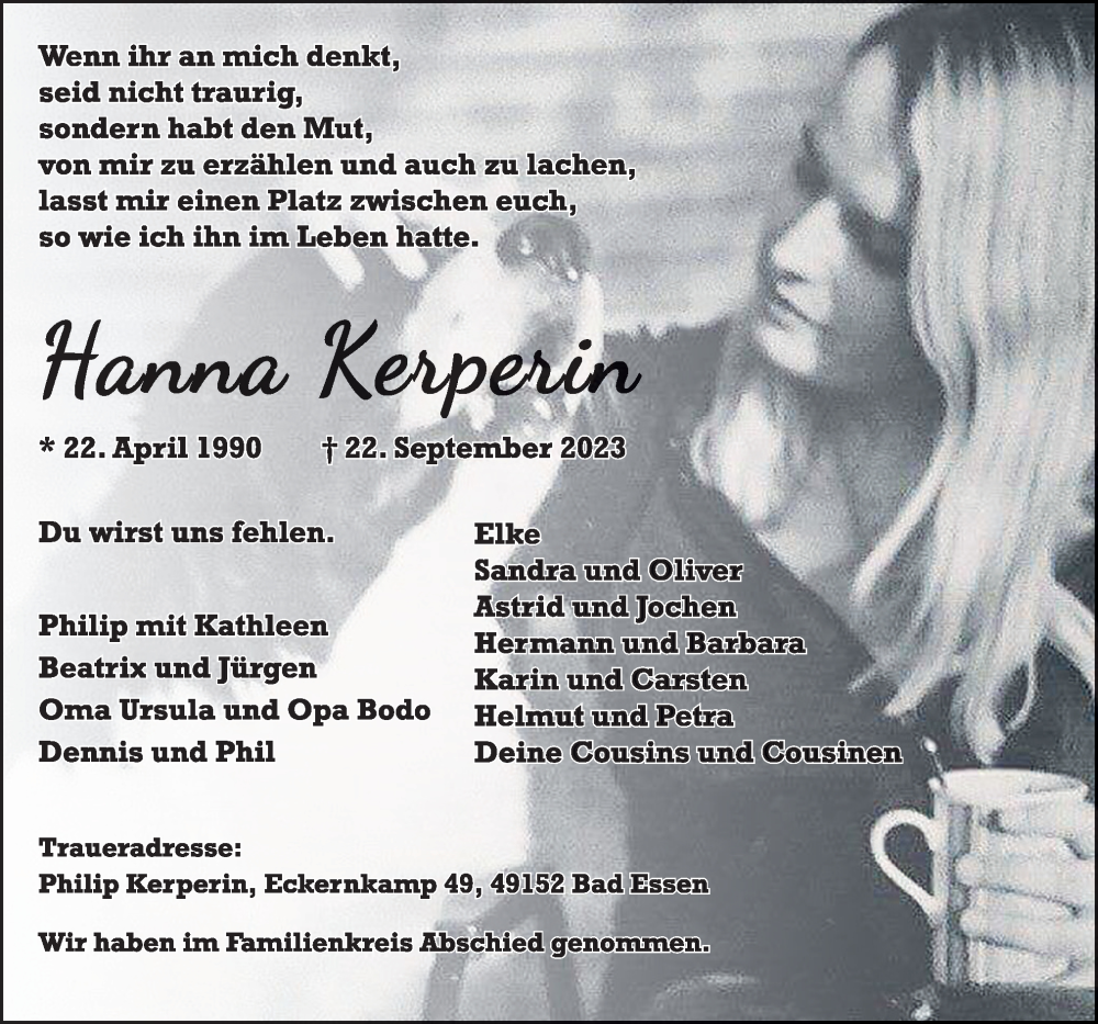  Traueranzeige für Hanna Kerperin vom 07.10.2023 aus Neue Osnabrücker Zeitung GmbH & Co. KG
