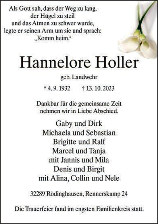 Traueranzeige von Hannelore Holler von Neue Osnabrücker Zeitung GmbH & Co. KG