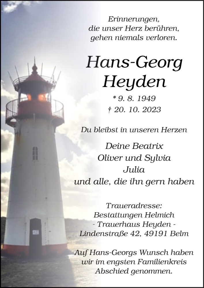  Traueranzeige für Hans-Georg Heyden vom 28.10.2023 aus Neue Osnabrücker Zeitung GmbH & Co. KG