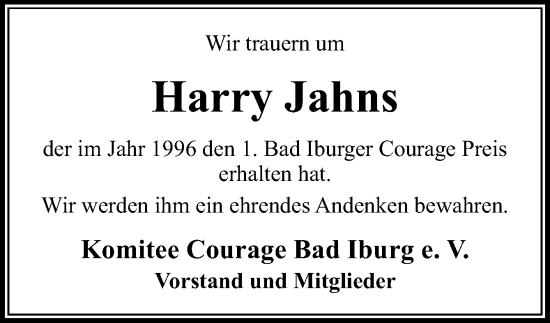 Traueranzeige von Harry Jahns von Neue Osnabrücker Zeitung GmbH & Co. KG