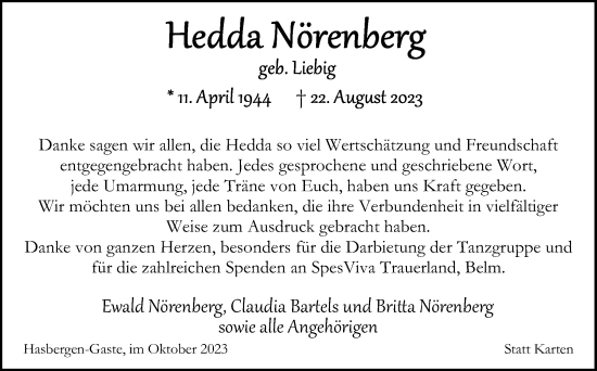 Traueranzeige von Hedda Nörenberg von Neue Osnabrücker Zeitung GmbH & Co. KG