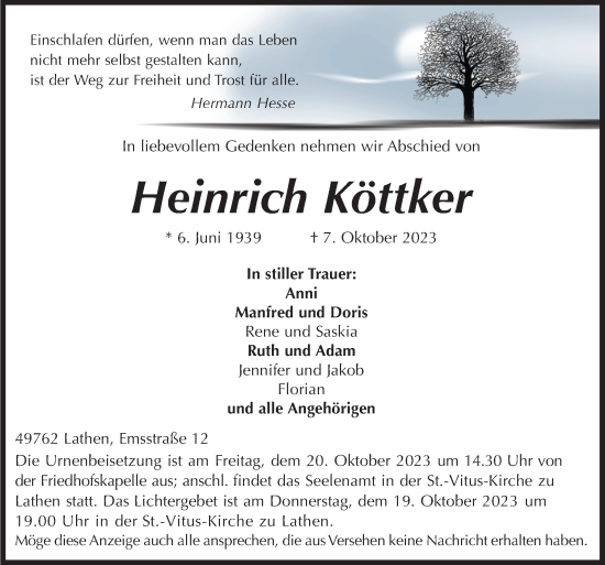 Traueranzeige von Heinrich Köttker von Neue Osnabrücker Zeitung GmbH & Co. KG