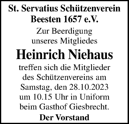 Traueranzeige von Heinrich Niehaus von Neue Osnabrücker Zeitung GmbH & Co. KG