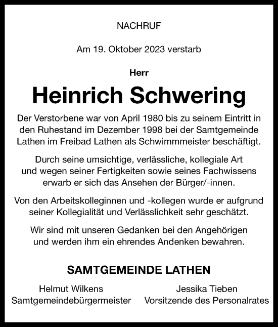 Traueranzeige von Heinrich Schwering von Neue Osnabrücker Zeitung GmbH & Co. KG
