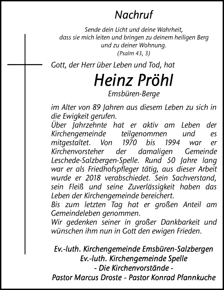  Traueranzeige für Heinz Pröhl vom 04.10.2023 aus Neue Osnabrücker Zeitung GmbH & Co. KG